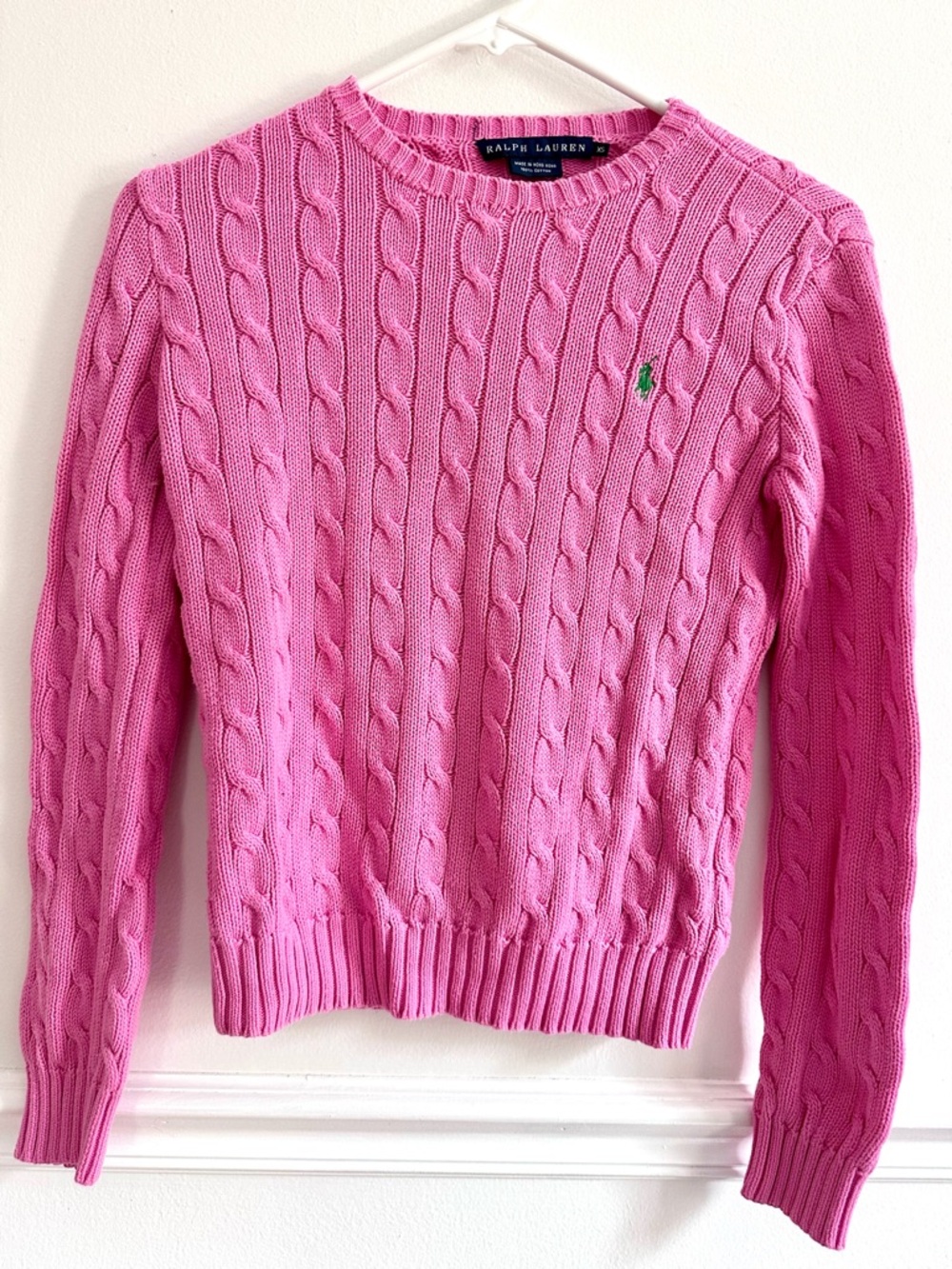 Ralph Lauren xs Pink Cable-Knit Crewneck Sweater Green Pony